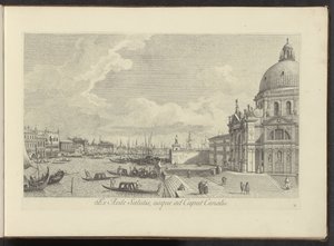Gezicht op het Canal Grande en de Santa Maria della Size selamlar Güvenlik Tapınağından Kanalın Başına (nesne üzerindeki başlık) Antonio Visentini tarafından üç parça halinde yeniden üretilen Antonio Kanalı