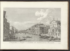Gezicht op het Canal Grande en de kerk de San Stae te Venedik Aziz Eustathius tapınağından Rialto yapılarına bakış (nesne üzerindeki başlık) Venedik şehrinin daha ünlü manzaraları