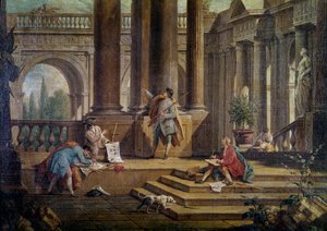 Bir villanın restorasyon çalışmaları. Mimarlar İş Başında, detay (tuval üzerine yağlı boya by Antonio Visentini