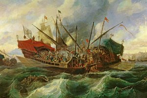 1571'de Kutsal İttifak ile Türkler arasındaki İnebahtı deniz savaşı (tuval üzerine yağlı boya) (detay) by Antonio de Brugada