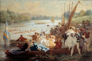 Pazar günü Seine kıyısında kürek yarışlarının yapıldığı bir Argenteuil Parisiens pikniği düzenler. Antony Morlon (1834-1914) tarafından suluboya