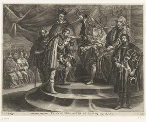 Troonsafstand van Karel V; 1635 yılında intocht van Ferdinand te Gent (bıçak 25) Charles kendini krallıklardan ve imparatorluklardan mahrum ediyor by Antony van der Does