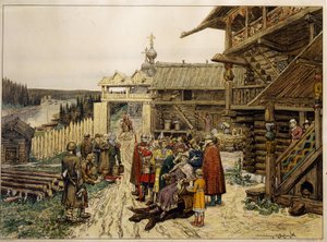 Bir Rus prensinin feodal mahkemesi. (Bir ortaçağ köyünde, ahşap bir evin avlusundaki bir sandalyede oturan bey, askerleri ve danışmanlarıyla çevrili, köylülerin şikayetlerini dinler). Appolinari Mikhaylovich Vasnetsov
