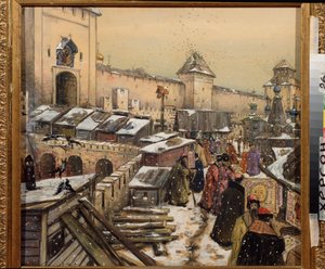 17. yüzyılda Moskova, Kurtarıcı İsa köprüsündeki kitapçılar (17. yüzyılda Moskova, Kurtarıcı İsa köprüsündeki Kitapçılar) - Appolinari Mykhaylovich Vasnetsov (1856-1933), karton üzerine suluboya ve beyaz by Apollinari Mikhailovich Vasnetsov