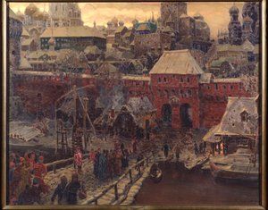 17. yüzyılda Moskova, Moskvoretsky Köprüsü ve Su Kapısı - Appolinari Mikhaylovich Vasnetsov (1856-1933), tuval üzerine yağlı boya by Apollinari Mikhailovich Vasnetsov