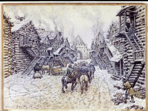 Eski Moskova. Kar altında geleneksel ahşap mimari. Appolinari Mikhaylovich Vasnetsov