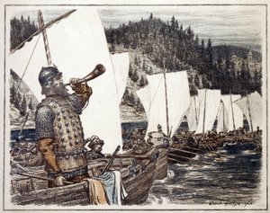İrtiş Nehri üzerinde Yermak Timofeyevich (yaklaşık 1540-1585). (İrtiş üzerine Yermak Timofeyeviç). 1583