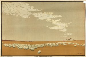 Bir Merinos Koyunu Sürüsü - Avustralya, 'Avustralya'nın Buğday ve Yün Zenginliği' serisinden (renkli litho)