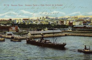 Kuzey rıhtım ve şehrin kısmi görünümü, Buenos Aires, Arjantin (renkli fotoğraf)
