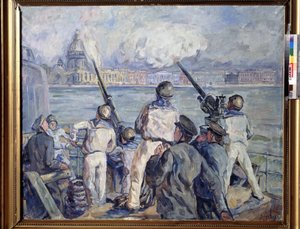La Defense de Sebastopol (Sivastopol Savunması). İkinci Dünya Savaşı Bölümü (1939-1945): denizcileri Alman kuşatmacısını makineli tüfekle kullanan bir Rus askeri gemisinden Kırım şehrinin panoraması (kuşatma 1941-1942). Arista tarafından boyama by Aristarkh Vasilievic Lentulov