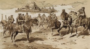 İlkel zamanlarda deniz kabuğu üfleyiciler ve sal by Armand Jean Heins