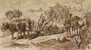 İlkel zamanlarda öküzlerin çektiği kızak ve yük atları by Armand Jean Heins