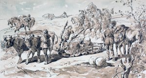 Kayalarla dolu ilkel bir kızağı çeken öküz, 1886 by Armand Jean Heins