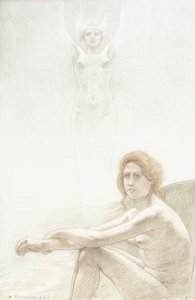 Arka planda hayaletimsi bir kadın figürüyle oturan çıplak kadın by Armand Rassenfosse