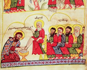 Ms 404 fol.7v İsa öğrencilerinin ayaklarını yıkıyor, 12-13. yüzyıl