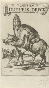 Pope on a pig Başlık sayfası: J. Lydius, Laetsten duyvels-dreck, 1687 by Arnold Houbraken