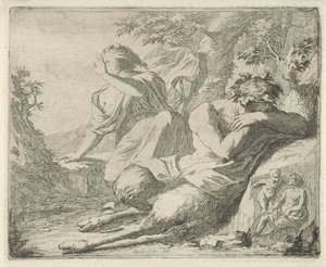 Satyr ve kadın figürü gözleri güneş ışığından koruyor Ressamların, heykelcilerin vb. hizmetinde açılan günah heykelleri sahnesi (dizi adı) by Arnold Houbraken