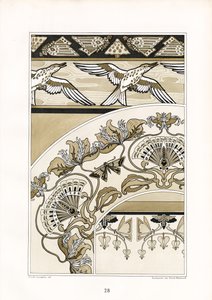 Kuş ve Yelpaze Motifli Dekoratif Art Nouveau Süsler (taş baskı) by Arnold Lyongrün