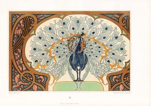 Art Nouveau Süslemeli Çerçeveli Tavus Kuşu (taş baskı) by Arnold Lyongrün
