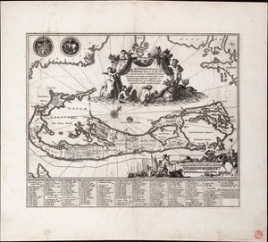 Mappa Aestivarum Insularum, alias Barmudas dictarum. Tek sayfa, gravür. by Arnoldus Montanus