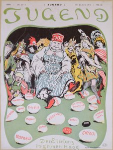 Yumurta Dansı, Birinci Lahey Barış Konferansı ile ilgili karikatür, Alman dergisi Jugend, 29 Temmuz 1899 by Arpad Schmidhammer