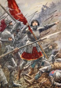 Joan of Arc, adamlarına standart (renkli taş) tutarak liderlik ediyor