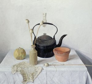 Kettle, Poppyheads ve Kabak, Natürmort, 1990 by Arthur Easton