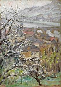 Bir köprü ve haliç üzerinde bir meyve bahçesinin üzerinden görüntüleyin by Arthur Haythorne Studd
