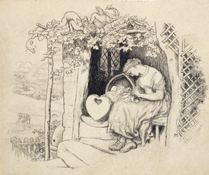 By the Cradle (grafit üzerine kalem ve Hindistan mürekkebi) by Arthur Hughes