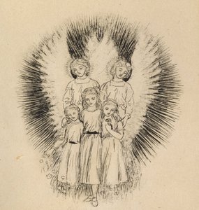 Geniş Dünya'da üç küçük Çocuk (kirli beyaz kağıt üzerinde kalem ve siyah mürekkep) by Arthur Hughes