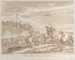At sırtında bir kılıç kaldıran merkezi bir figürle hücuma ilerleyen süvari, 1735., 1735.