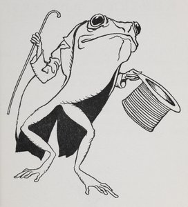 Silindir şapkalı ve kuyruklu, baston taşıyan bir kurbağa. by Arthur Rackham