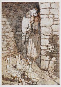 Kazları olan bir kız. by Arthur Rackham
