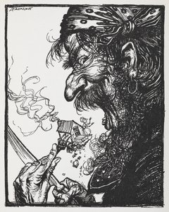 İri bir adam, küçük bir hanımı ve onun evini yiyor. by Arthur Rackham