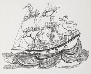Mürettebatı farelerden oluşan ve kaptanı bir ördek olan bir gemi. by Arthur Rackham