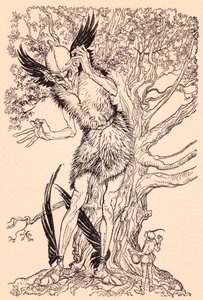 Yanında durduğu ağacın yarısı kadar büyük, korkunç bir adam. Grimm's Fairy Tale, The Spirit in the Glass Bottle'dan Arthur Rackham'ın illüstrasyonu. by Arthur Rackham