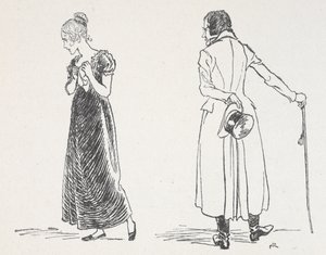 Genç bir çift tartışıyor, kadın bir mendili göğsüne bastırarak arkasını dönmüş. by Arthur Rackham