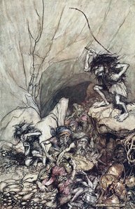 Alberich, altın ve gümüş hazinelerle dolu bir Niblung çetesinde araba kullanıyor. Rhi için İllüstrasyon by Arthur Rackham