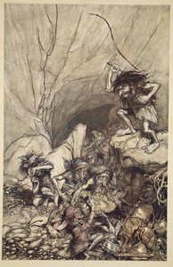 Albrech, altın ve gümüş hazineleriyle bir grup Nibelungen