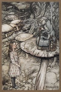 Alice, bir mantarın üzerinde oturmuş pipo içen Tırtıl ile konuşuyor. by Arthur Rackham