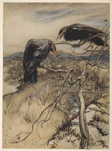 'Twa Corbies'in bir çizimi by Arthur Rackham