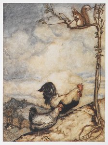 The Adventures of Chanticleer and Partlet'ten bir tavuk, horoz ve sincap çizimi. by Arthur Rackham