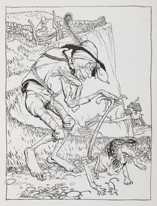 Eğri kedisi ve kıvrık evi olan yaşlı bir cılız adam. by Arthur Rackham