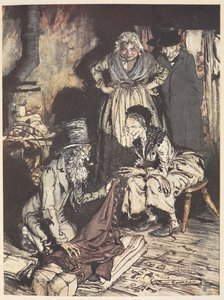 Onlara perde sunan bir adamla evlerinin içinde yaşlı bir aile by Arthur Rackham