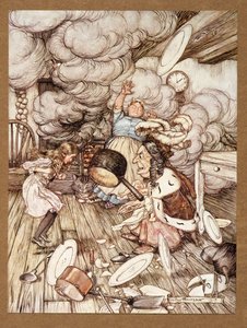 Alışılmadık derecede büyük bir tencere yakınlardan uçtu ve neredeyse onu uçurdu, Alices Harikalar Diyarında, Lewis Carroll, yayın. 1907 by Arthur Rackham