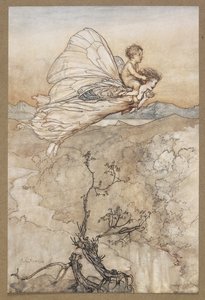 ... Ve perisi, onu peri diyarındaki çardağıma götürmesi için gönderdi'. Peri, Changling ile Uçup Gitti. Bir Yaz Gecesi Rüyası'ndan bir sahne. by Arthur Rackham