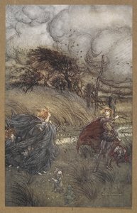 Ve şimdi asla korulukta veya yeşilde, pınarın berraklığında veya pul pul yıldız ışığı parıltısında buluşmuyorlar, ama kare yapıyorlar '. Bir Yaz Gecesi Rüyası'ndan bir sahne. by Arthur Rackham