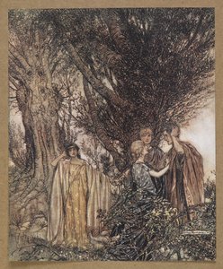 '... Uyanık olduğumuza emin misin? Bana öyle geliyor ki hala uyuyoruz, rüya görüyoruz. Bir Yaz Gecesi Rüyası'ndan bir sahne. by Arthur Rackham