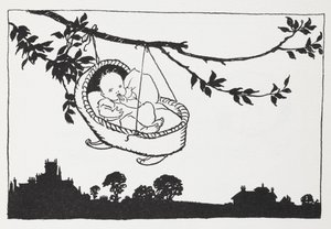 Bebek karyolasında daldan sarkıyor. by Arthur Rackham