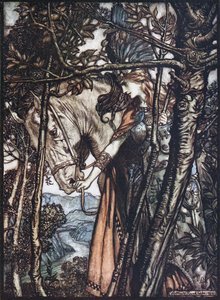 Brünnhilde atını dizginlerinden tutuyor. Richa tarafından Rhinegold ve Valkyrie için illüstrasyon by Arthur Rackham
